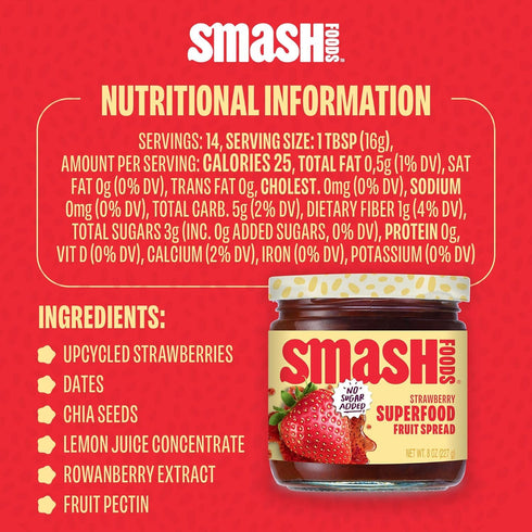 Smash Foods 17.5 oz Strawberry Superfood Fruit Spread, No Sugar Added, Keto Jam with Chia Seeds, Vegan, Low-Calorie