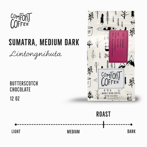 12 Mt. Comfort Coffee Sumatra Medium Dark Roast, Ounce - Flavor Notes of Butterscotch and Chocolate - Sourced From