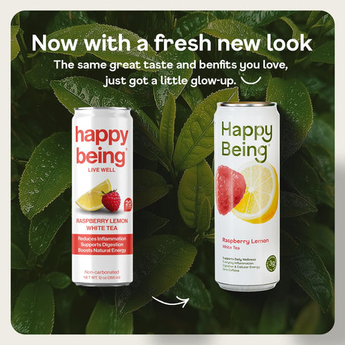 12oz (4 Pack) Happy Being Raspberry Lemon Sparkling White Tea Antioxidant & Polyphenol Rich, Infused with Turmeric