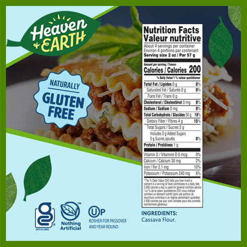 8oz (2 Pack) Heaven & Earth Grain Free Pasta, Cassava Lasagna Pasta, | Paleo Pasta | Vegan | Certified Gluten Free |