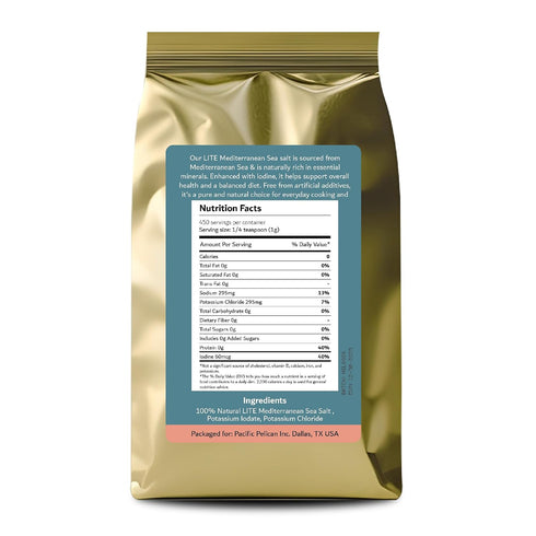 50% Grain,100% 2 Pacific Pelican Less Sodium Mediterranean Lite Sea Salt, (Iodized) Fine Natural, Organic, Fine Grain
