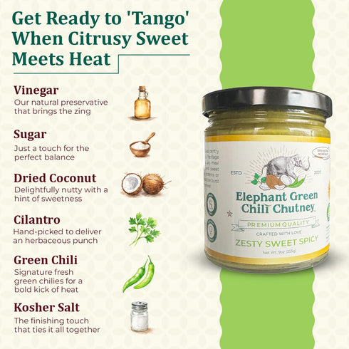 100% 9oz (Pack 1) Elephant Green Chili Chutney - Natural, Vegan & Gluten-Free - Bold & Tangy Green Chili Condiment
