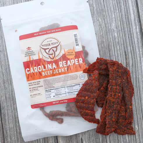 100% 2oz (Pack 6) Mission Meats Carolina Reaper Jerky from Grass Fed & Pasture Raised Beef, Caution: Extremely Spicy