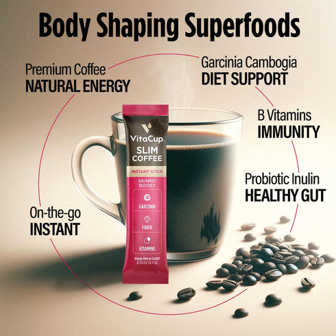 Packets, 100% 24 VitaCup Slim Instant Coffee with Garcinia, Fiber, B Vitamins, Bold & Smooth, Medium Dark Roast