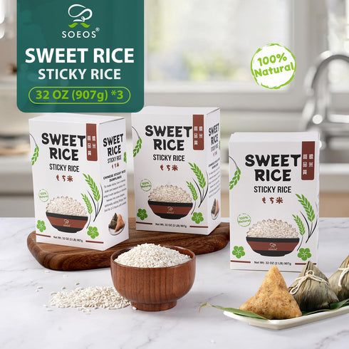2lbs(Pack 3), Soeos Sweet Sticky Rice of Premium Glutinous Rice, All Natural Gluten Free Sticky Rice for Desserts