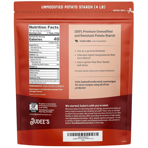 64 Oz Judee's Gluten Free Unmodified Potato Starch - Sauce & Soup Thickener & Corn-Free Food Starch - Crispy Fry