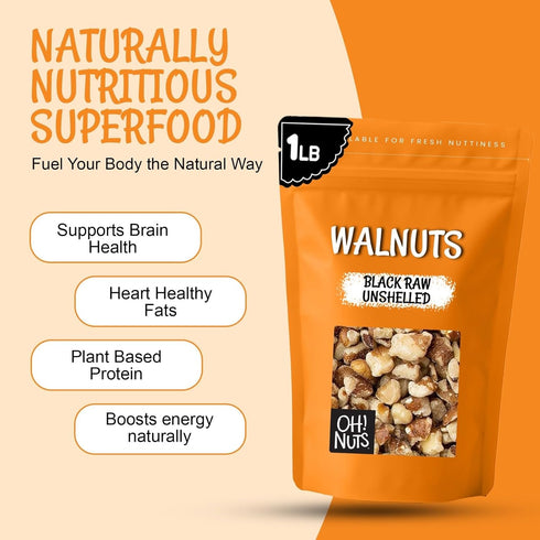 1 lb Oh! Nuts Black Raw Unshelled Walnuts - Fresh Chopped Walnuts - Bulk Bag - Black Walnut for Baking, Snacking