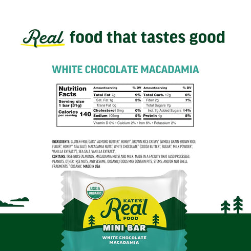 (1.1 oz, Pack 24) Kates Real Food Organic Granola Bars White Chocolate Macadamia of - Organic Energy Bars with Non GMO