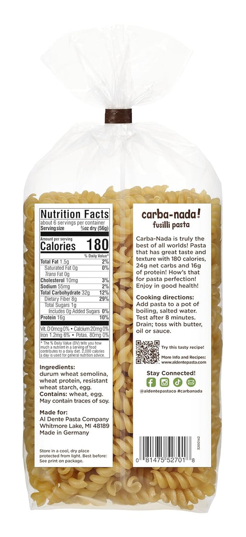 12oz (Pack 6) Al Dente Carba-Nada Fusilli - Low Carb, High Protein - Keto & Point-Based Diet-Friendly, Artisanal Pasta