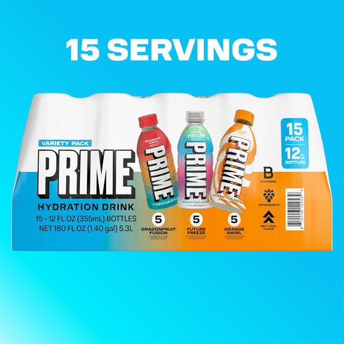 12 Oz, 15 Pack PRIME HYDRATION Variety, Dragonfruit Fusion, Orange Swirl, & Future Freeze Sports Drinks, Electrolyte