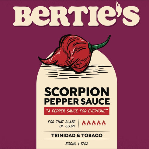 Bertie's Trinidad Scorpion Pepper Sauce, 10 Oz/300ml, Strong Flavor and Insane Heat