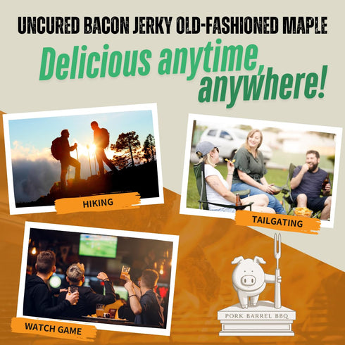 2 oz Pack 3 Pork Barrel BBQ Old-Fashioned Maple Bacon Jerky - Uncured Snacks, Sweet Maple and Brown Sugar with Smoky