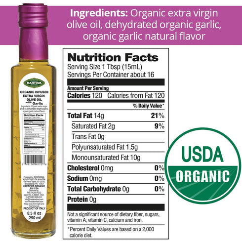8.5 Mantova USDA Organic Garlic Extra Virgin Olive Oil (EVOO), Cold-Pressed, Imported from Italy. Perfect for salad
