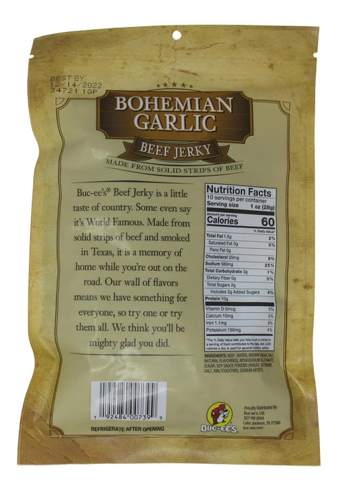Buc-ee's 10 Bohemian Recipe Garlic Beef Jerky in a Resealable Bag, Made in Texas, Ounces