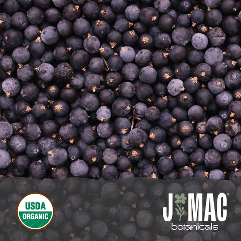 J MAC BOTANICALS, Organic Whole Juniper Berries, Certified Organic by Organic Certifiers, Inc. USDA organic Juniper Berry. Herbal infusions, seasoning beef, pork, turkey brine, soups, cocktail bombs
