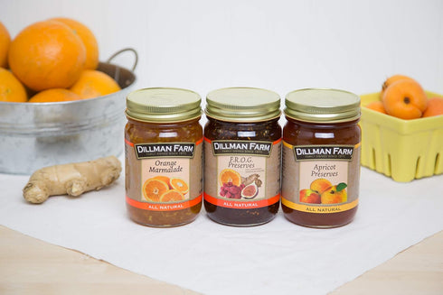 Pack (6 pack)| Dillman Farm Refreshing Preserves Variety Apricot Preserves, Cherry Preserves, Peach Preserves