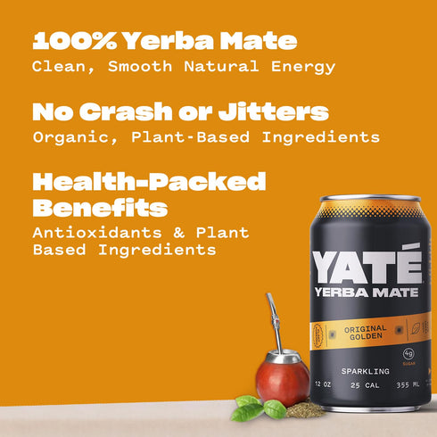 25 12 Pack Yate Sparkling Yerba Mate - Original Golden Organic Yerba Mate Drink with Low Sugar & Calories for Daily