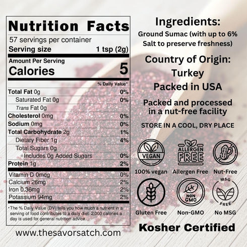 SavorSatch 4oz Ground Sumac Resealable Pouch | Certified Kosher, GMO Free, Allergen-Free | Tangy, Deep Red Spice