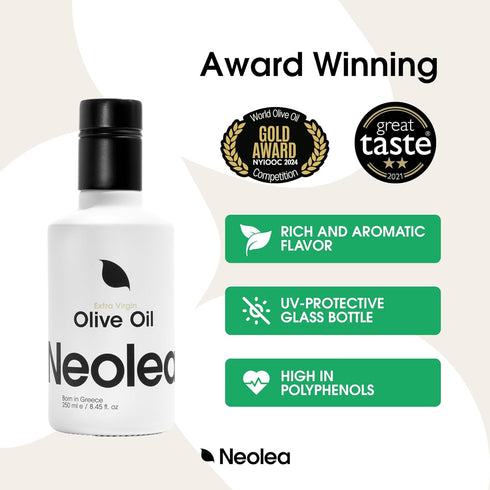 8.45 oz 250ml Neolea Greek Extra Virgin Olive Oil Single Origin, Early Harvest, High Polyphenol From Koroneiki Olives