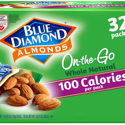 100 32 count Blue Diamond Almonds Whole Natural Raw Snack Nuts, Calorie Travel Bags