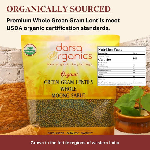 2 lb Darsa Organics Whole Green Moong (Mung) Bean Lentils USDA Organic, Non-GMO, Kosher, Gluten-Free | Protein & Fiber