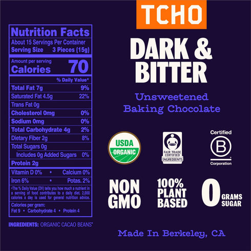 100% (3 (8oz TCHO Dark & Bitter Unsweetened Dark Chocolate Baking Couverture Bag) | Organic & Fair Trade Certified |