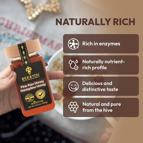 100% (10.6 oz) BEE and YOU Pine Raw Honey, Honeydew Honey, Wild-crafted, Natural, Unprocessed, Enzymes, Antioxidants