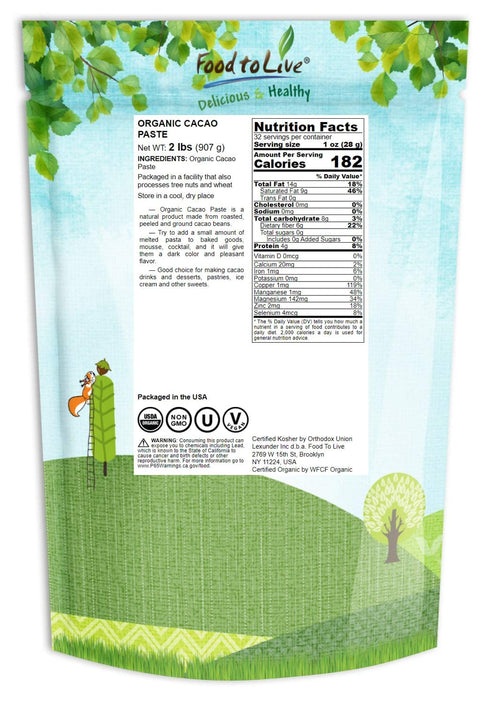 2 Food to Live Organic Cacao Paste Wafers, Pounds - Non-GMO Cacao Liquor, Wafers and Bars, Pure, Unfiltered, Unrefined