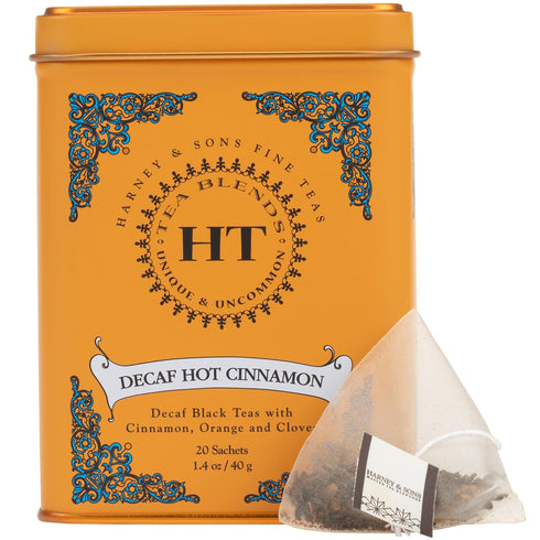 20 1.4oz Harney and Sons Decaf Hot Cinnamon , Decaf Flavored Black Sachets per Tin