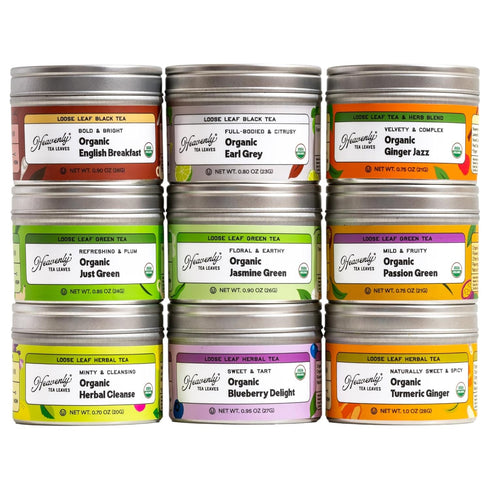 9 Set 90 Heavenly Tea Leaves Organic Loose Leaf Tea Sampler Gift (Approx. Cups) | Assortment of Black Tea, Green Tea