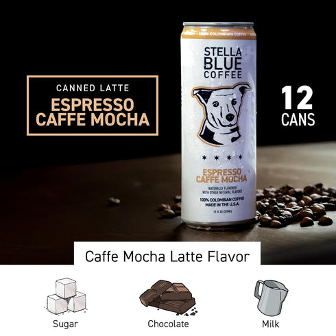 100% 190mg 11oz 12 Pack Stella Blue Espresso Caffe Mocha Cans, Ready-to-Drink Coffee Energy Beverage, Colombian Coffee