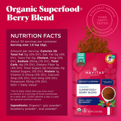 Immune 30 5.3 Oz Navitas Organics Superfood+ for Support (Acai + Goji + Blueberry), Bag, Servings Organic, Non-GMO