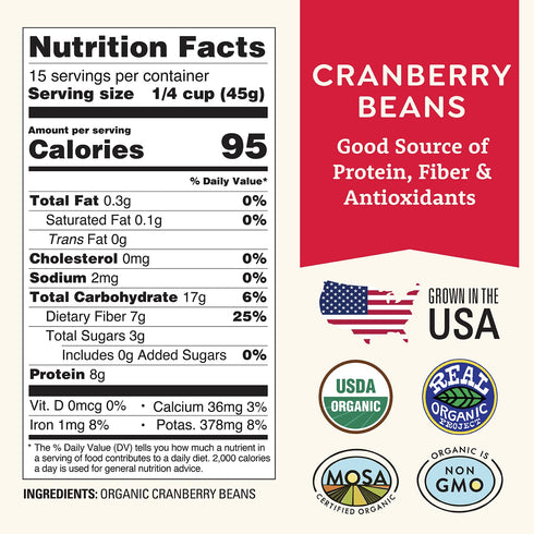 1 lb Organic Dried Cranberry Beans - Non-GMO, USDA Organic, Farmed From Regenerative Soil, Tested Clean Certified