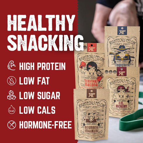 Righteous Felon Beef Jerky - All-Natural Locally Sourced & Dried Low-Sugar Healthy Snacks (Sampler Pack)