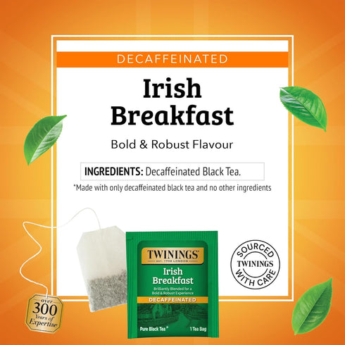 20 Count (Pack 1), 20 Twinings Decaffeinated Irish Breakfast Black Tea Individually Wrapped Bags, of Flavourful