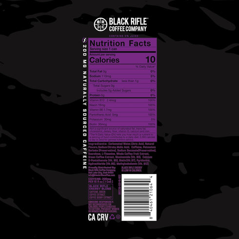 Black Rifle Energy 200mg 16 oz (Pack 12) GrapeX Zero Sugar Energy Drink, Caffeine, fl can