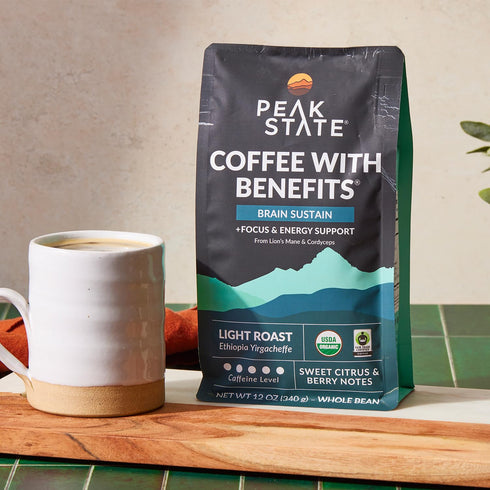 12 oz. Peak State Brain Sustain Coffee with Benefits, Light Roast Mushroom Coffee, Low Acid & Smooth, Sweet Citrus