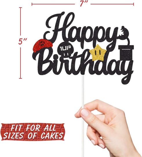 Black Glitter Mario Cake Topper - Happy Birthday Cake Decoration for Video Game Themed Kids Party