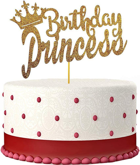 Happy Birthday Cake Topper for Princess Birthday Party Decorations, Double-faced Gold Glitter