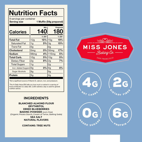 Miss Jones Baking Blueberry Muffin Mix, Almond Flour, Gluten Free, Low Carb, Naturally Sweetened, Pack of 2