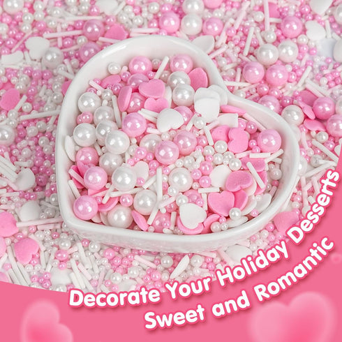 Jimmies 130g/4.58oz,Baking Edible Heart Sprinkles for Cake Decorating,White Pink Pearl Sugar Mix Size Candy