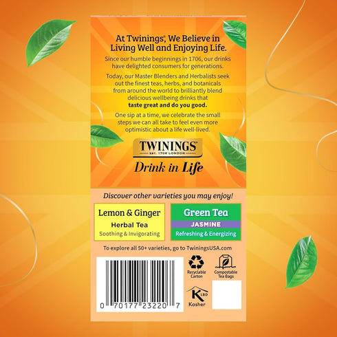 20 Count (Pack 1), Twinings Peach & Orange Herbal Tea Individually Wrapped Bags, of Juicy & Fruity, Naturally