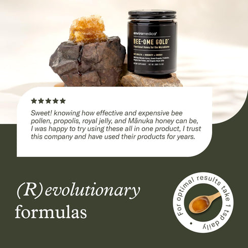7.4oz Bee-Ome Gold by Enviromedica - Unpasteurized Raw Manuka Honey with Probiotics, Royal Jelly, Bee Pollen
