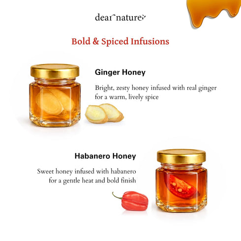 Dear Nature Set 8 Pack (1.5 oz Pack 8) Infused Honey Gift Flavor Infused Honey Variety Saffron, Cardamom, Cinnamon