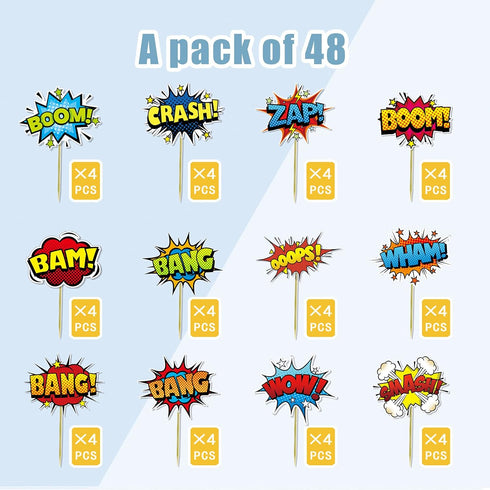 SuperHero Boom Cupcake Toppers 48 Pack, Happy Birthday Cake Decor for Kids Hero Theme Birthday Party Supplies