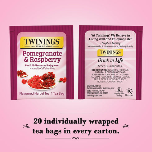 20 Count (Pack 2) Twinings Pomegranate & Raspberry Tea - Naturally Caffeine-Free Herbal Tea Bags Individually Wrapped