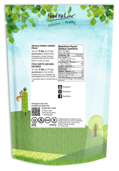 5 Food to Live - Whole Dried Green Peas, Pounds Green Vatana, Sproutable, Vegan, Kosher, Bulk. Pre-Soak Needed. Rich