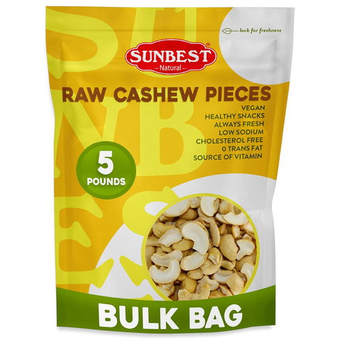 Sunbest Natural Raw Cashew Halves & Pieces, 5 lbs Unsalted & Unroasted