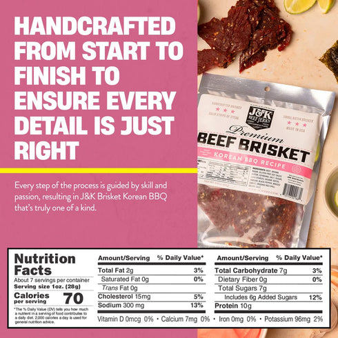 7oz J&K Beef Brisket Jerky - Korean BBQ - Hand Crafted Small Batch American Made Slab Jerky - Bold & Flavorful Snack!