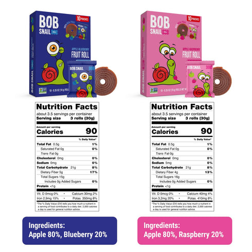 50 Pack, 500g Bob Snail Fruit Roll Ups Natural Fruit Snacks (Blueberry & Raspberry), Vegan, No Added Sugar, Healthy